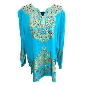 Diane Gilman 100% Silk Sky Blue Jeweled Embroidered Tunic Top Luxury Glam Money